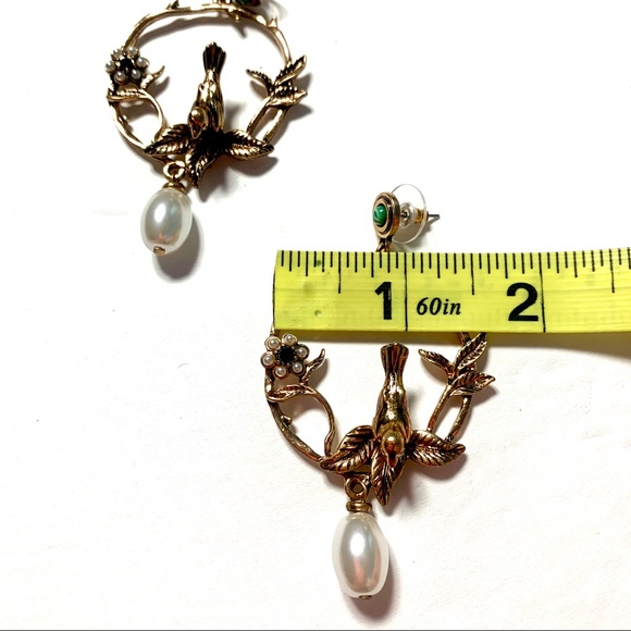 Gold Circle Hoop Drop Bird Branch Pearl Earrings - Picture 7 of 8